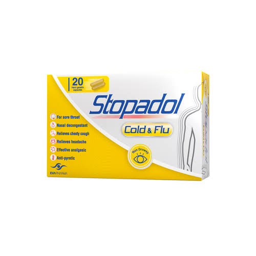 صورة منتج أقراص ستوبادول تستخدم لإحتقان الأنف وتخفيف ألام الزور وتهدئه الكحه وتخفيف الصداع وخافض للحراره تحتوي علي 500مجم باراسيتامول و100مجم جوافينزين و 6.1مجم فينايل إيفرين | 20 قرص
