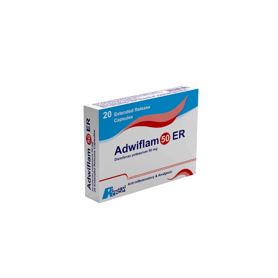 صورة منتج كبسولات أدويفلام 50مجم ديكلوفيناك البوتاسيوم مسكن للألام وخافض للحراره ومضاد للإلتهابات غير ستيرويدي   | 20 كبسوله